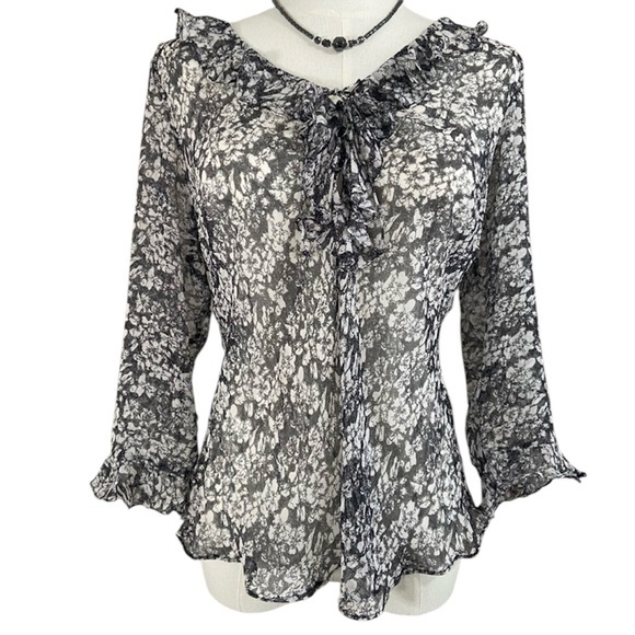 Jane Seymour Tops - Floral Black White Silk See Through Sheer Long Sleeve Blouse Top Size 10 Vtg 90s